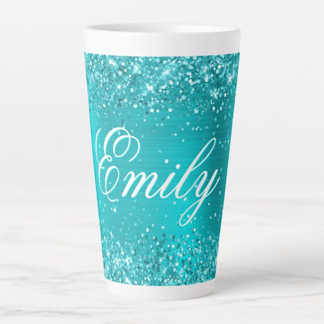 Personalized Glittery Turquoise Blue Foil Latte Mug (Front)