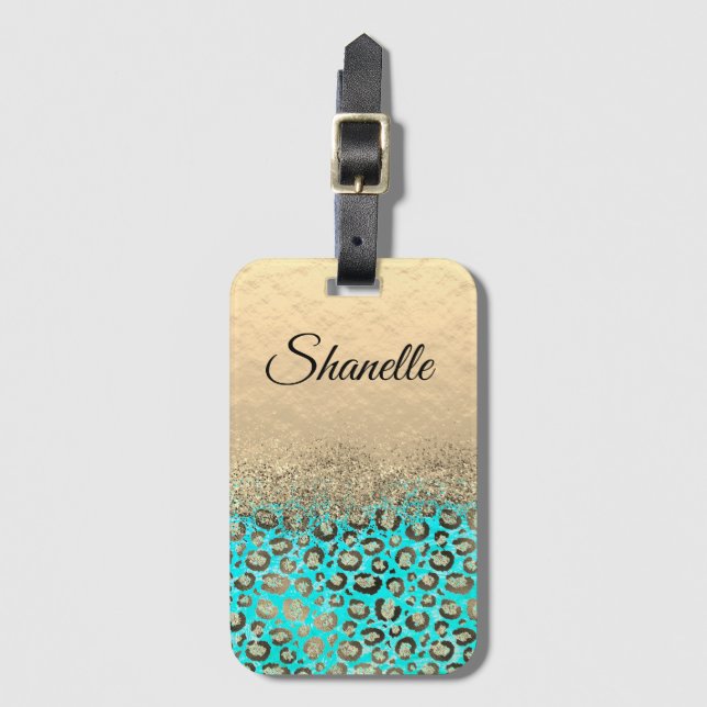 Personalized Glittery Turquoise Leopard      Luggage Tag (Front Vertical)