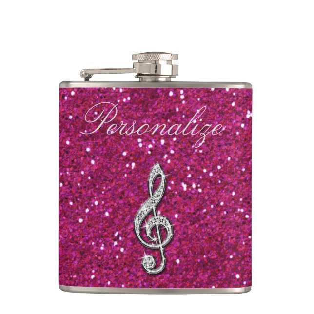 Personalized Glitzy Sparkly Diamond Music Note Hip Flask (Front)