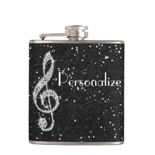 Personalized Glitzy Sparkly Diamond Music Note Hip Flask