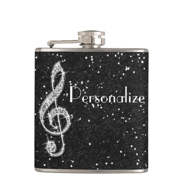Personalized Glitzy Sparkly Diamond Music Note Hip Flask (Front)
