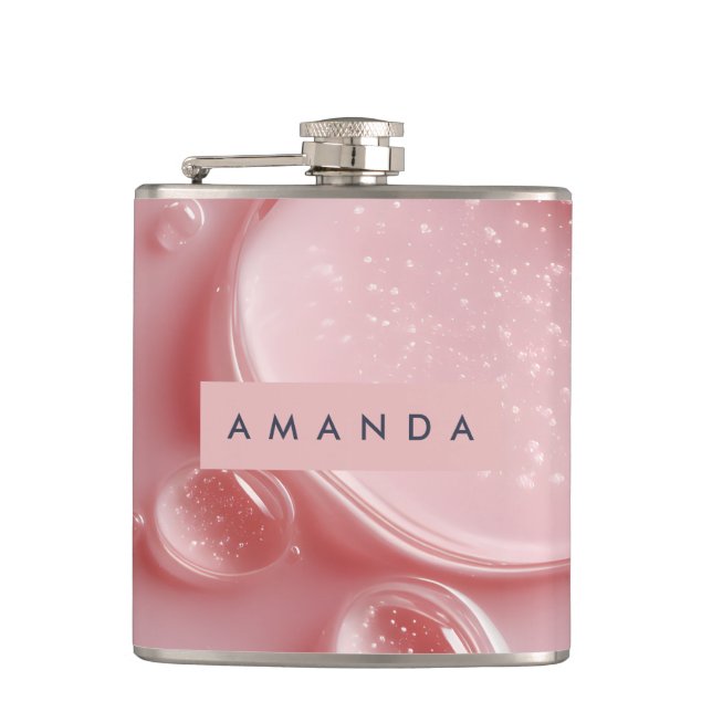 Personalized Glossy Blush Pink Water Droplets  Hip Flask (Front)