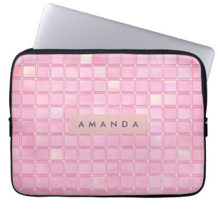 Personalized Glossy Pink Mosaic Tile Pattern Laptop Sleeve