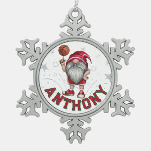 Personalized Gnome Basketball Snowflake Pewter Christmas Ornament