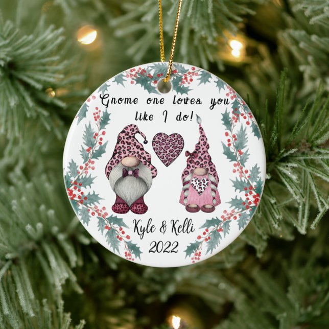Personalized Gnome Couple Christmas Ceramic Ornament (Tree)