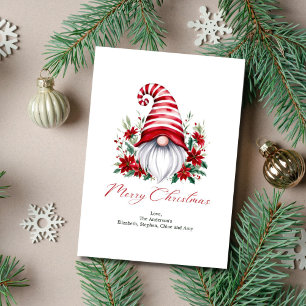 Personalized Gnome Poinsettia Red White Christmas Holiday Card