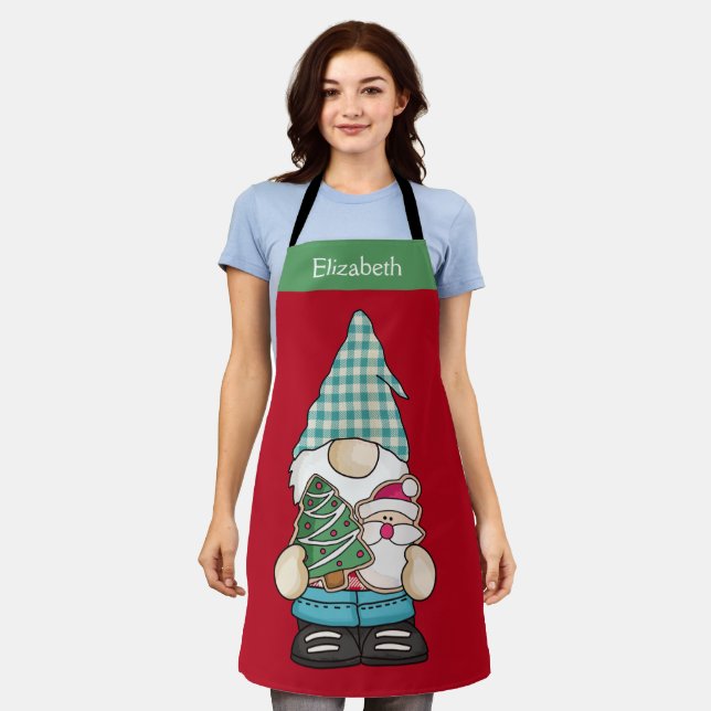 Personalized Gnome Red Green Christmas Holiday Apron (Worn)