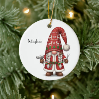 Personalized Gnome Xmas Hair Stylist Ceramic Ornament