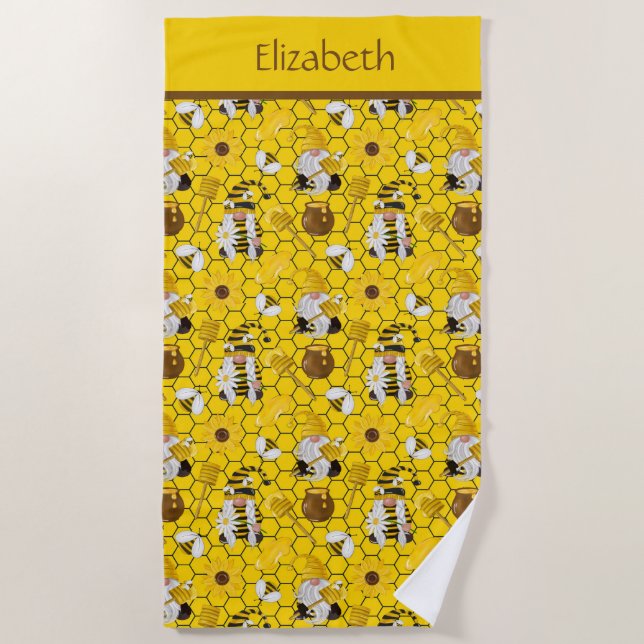 Personalized Gnomes Making Honey Yellow Floral Beach Towel (Front)