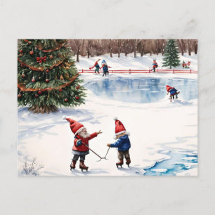 Personalized Gnomes Skating Christmas Postcard, Holiday Postcard