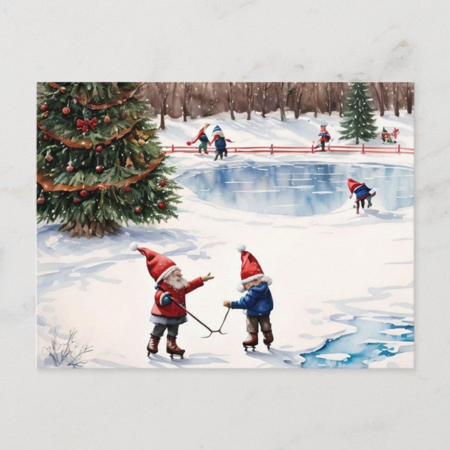 Personalized Gnomes Skating Christmas Postcard, Holiday Postcard (Front)