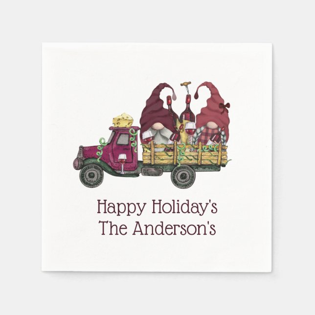 Personalized Gnomes Wine Truck Holiday Christmas Napkin (Front)