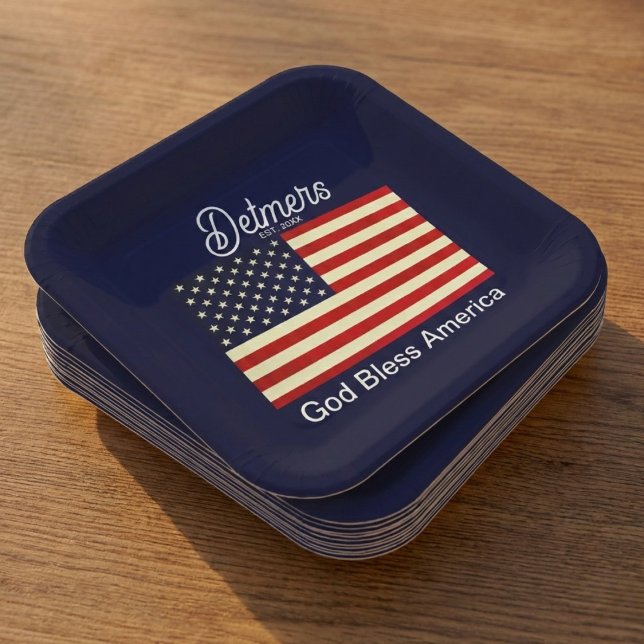 Personalized God Bless America Flag  Paper Plate (Red, white, blue, and barbecue.)