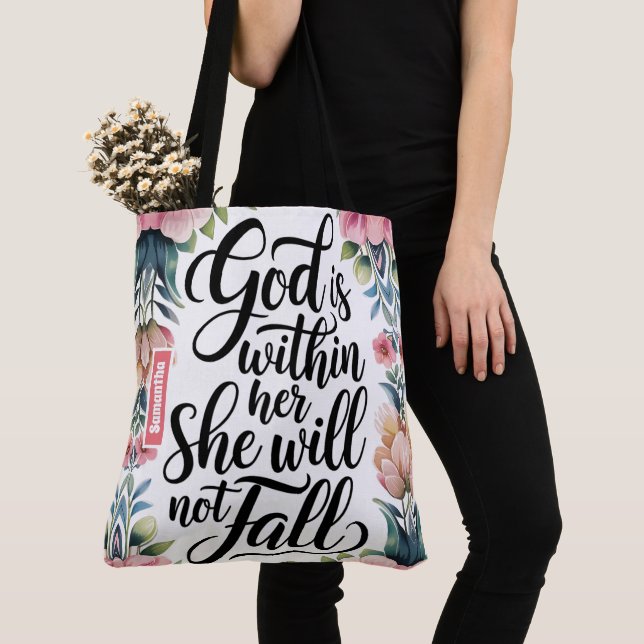 Personalized God is Within Her Christian Women Tote Bag (Close Up)