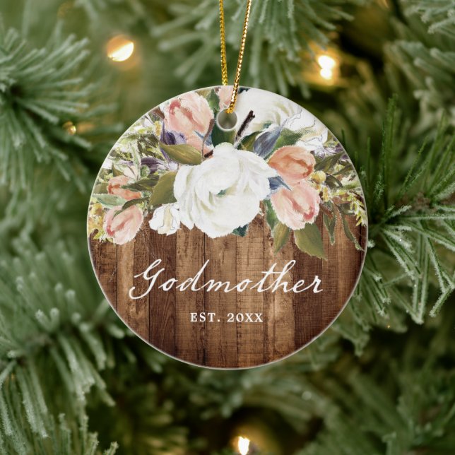Personalized Godmother Country Woodgrain Christmas Ceramic Ornament (Tree)