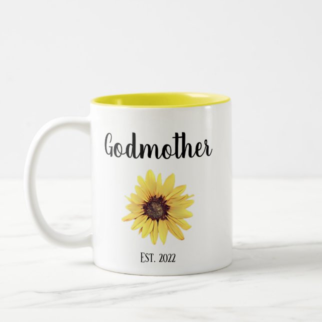 Personalized Godmother Est. Painted Sunflower Two-Tone Coffee Mug (Left)