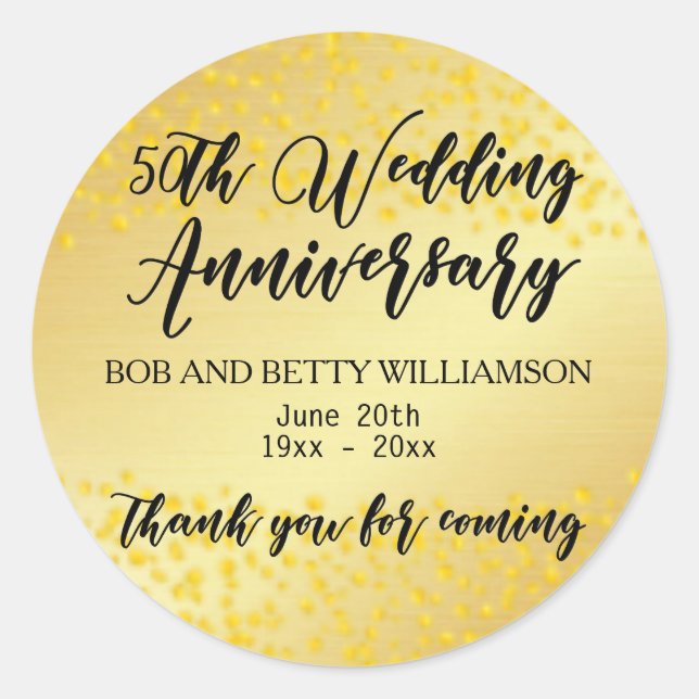 Personalized Gold 50h Anniversary Thank You Classic Round Sticker (Front)