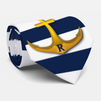 Personalized Gold Anchor Navy White Stripes Tie