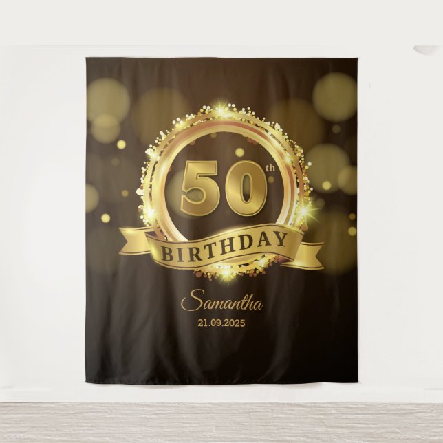 Personalized gold and black 50th birthday backdrop tapestry (Front)