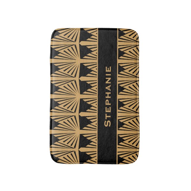 Personalized Gold and Black Art Deco Pattern Bath Mat (Front Vertical)