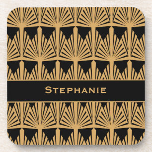 Personalized Gold and Black Art Deco Pattern Coaster