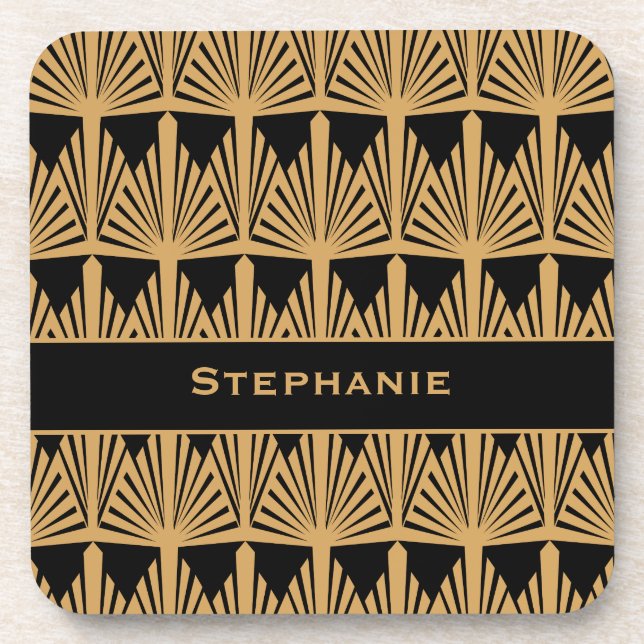 Personalized Gold and Black Art Deco Pattern Coaster (Front)