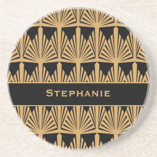Personalized Gold and Black Art Deco Pattern Coaster