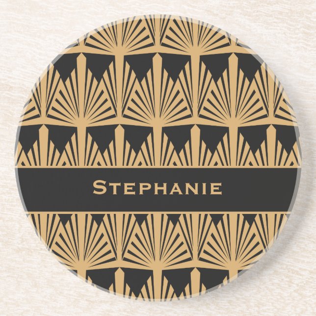 Personalized Gold and Black Art Deco Pattern Coaster (Front)