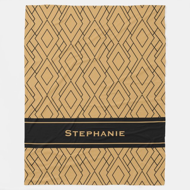 Personalized Gold and Black Art Deco Pattern Fleece Blanket (Front)
