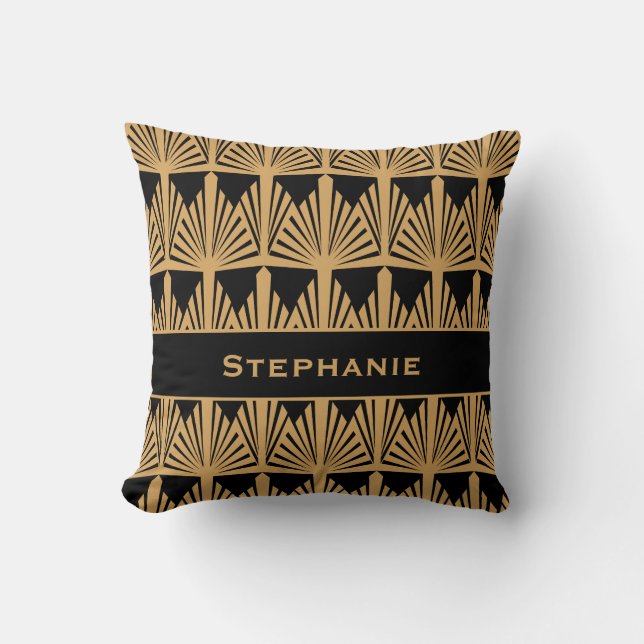 Personalized Gold and Black Art Deco Pattern Throw Pillow (Front)