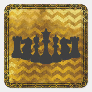 Personalized Gold and Black Chevron Chess Pieces Square Sticker
