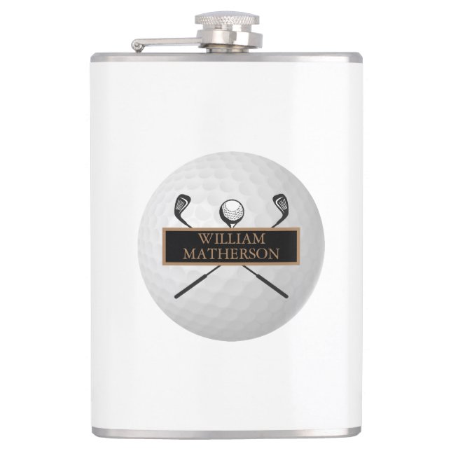 Personalized Gold and Black Golf Ball Classic Hip Flask (Front)