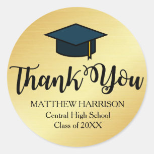 Personalized Gold and Black Thank You Graduation Classic Round Sticker