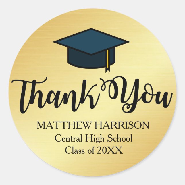 Personalized Gold and Black Thank You Graduation Classic Round Sticker (Front)