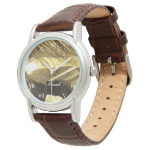 Personalized gold and brown leather women's luxury watch