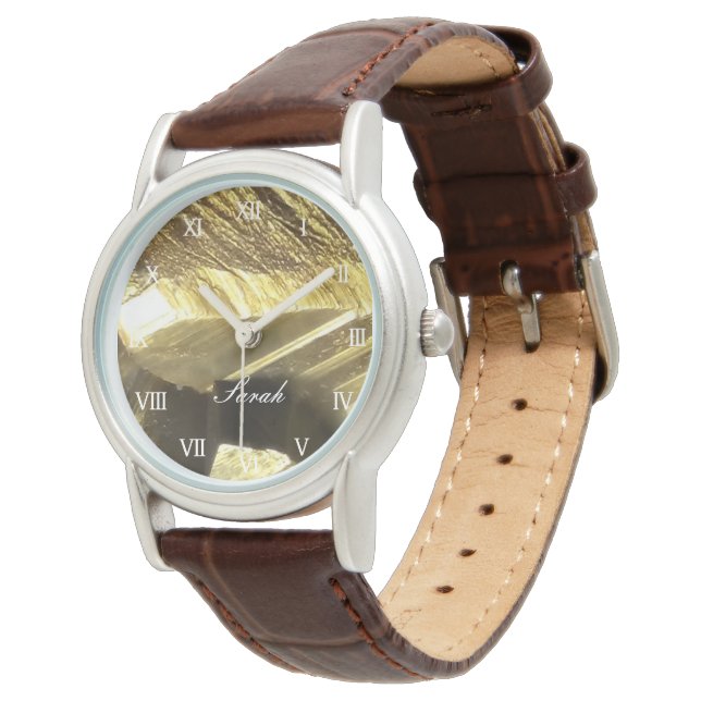 Personalized gold and brown leather women's luxury watch (Angled)