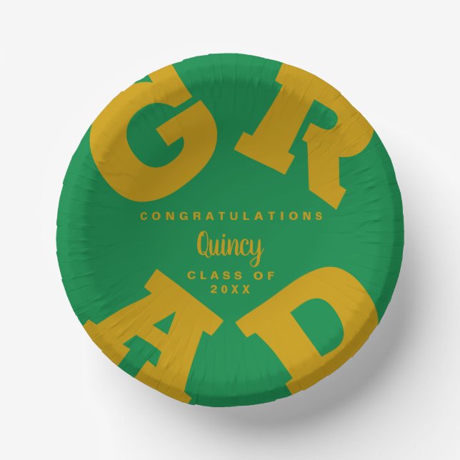 Personalized Gold and Green Graduation Paper Plate (Front)