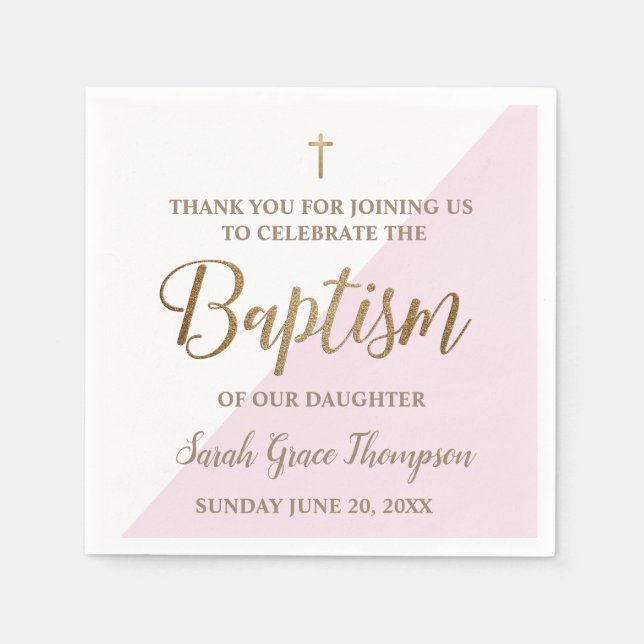 Personalized gold and pink white baby girl baptism napkin (Front)