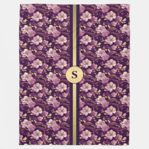  Personalized Gold and Purple Asian Floral  Fleece Blanket