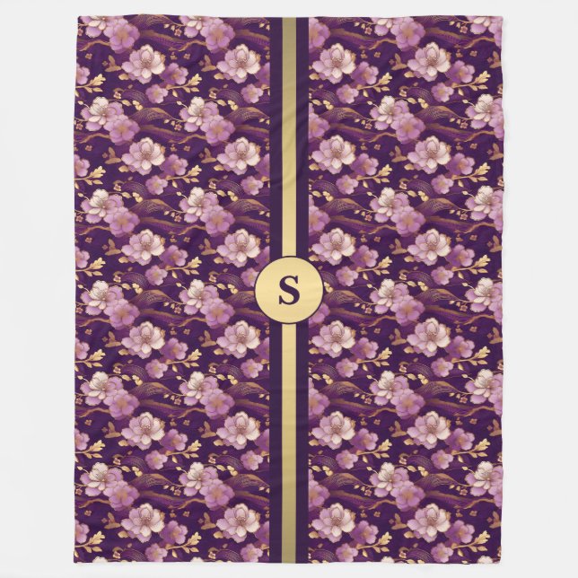  Personalized Gold and Purple Asian Floral  Fleece Blanket (Front)
