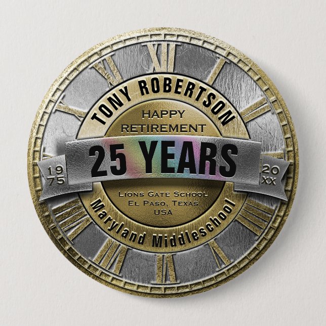 Personalized Gold and Silver Retirement Button (Front)