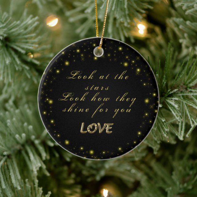 Personalized Gold and sparkles stars on black  Ceramic Ornament (Tree)