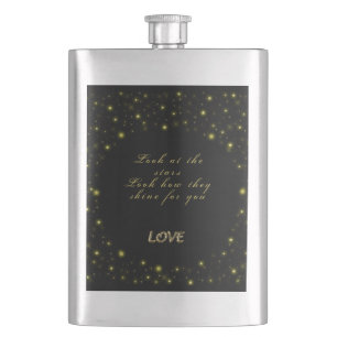 Personalized Gold and sparkles stars on black Hip Flask