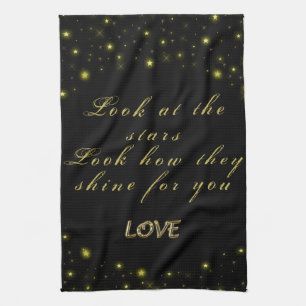 Personalized Gold and sparkles stars on black Kitchen Towel