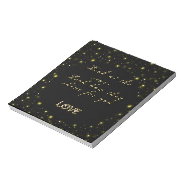 Personalized Gold and sparkles stars on black Notepad (Rotated)