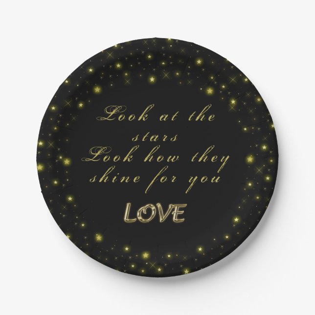 Personalized Gold and sparkles stars on black  Paper Plate (Front)
