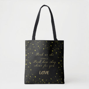 Personalized Gold and sparkles stars on black  Tote Bag