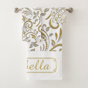 Personalized Gold and White Art Deco Bath Towel Se