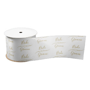 Personalized Gold and White Bride and Groom Satin Ribbon