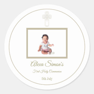 Personalized Gold and White First Holy Communion Classic Round Sticker